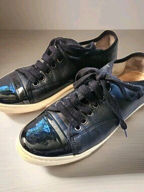 Lanvin Cap Toe Low Top Black Leather Sneakers Size 7 EU 38 Lace Up Women’s